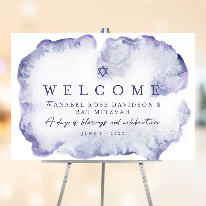Purple watercolor Bat Mitzvah welcome sign with Star of David personalized event entrance signage for Jewish celebration decor