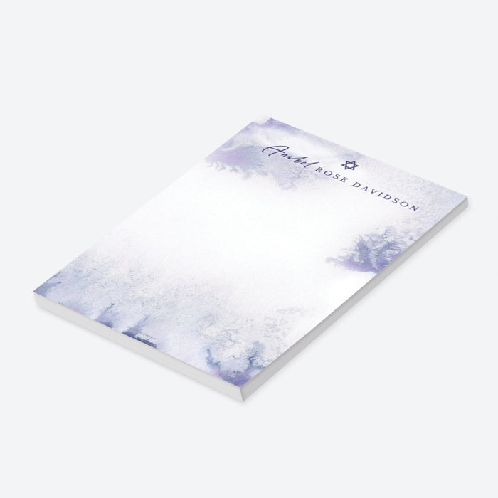 Purple watercolor personalized notepad featuring a Star of David and custom name for Bat Mitzvah favors and elegant stationery-side