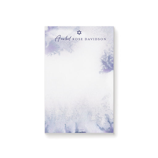Purple watercolor personalized notepad featuring a Star of David and custom name for Bat Mitzvah favors and elegant stationery.