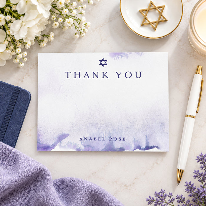 Bat Mitzvah thank you cards purple watercolor elegant set with Jewish design and soft colors-front