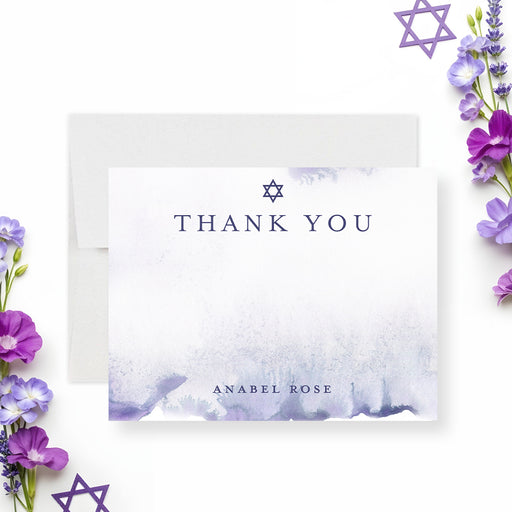 Bat Mitzvah thank you cards purple watercolor elegant set with Jewish design and soft colors-front