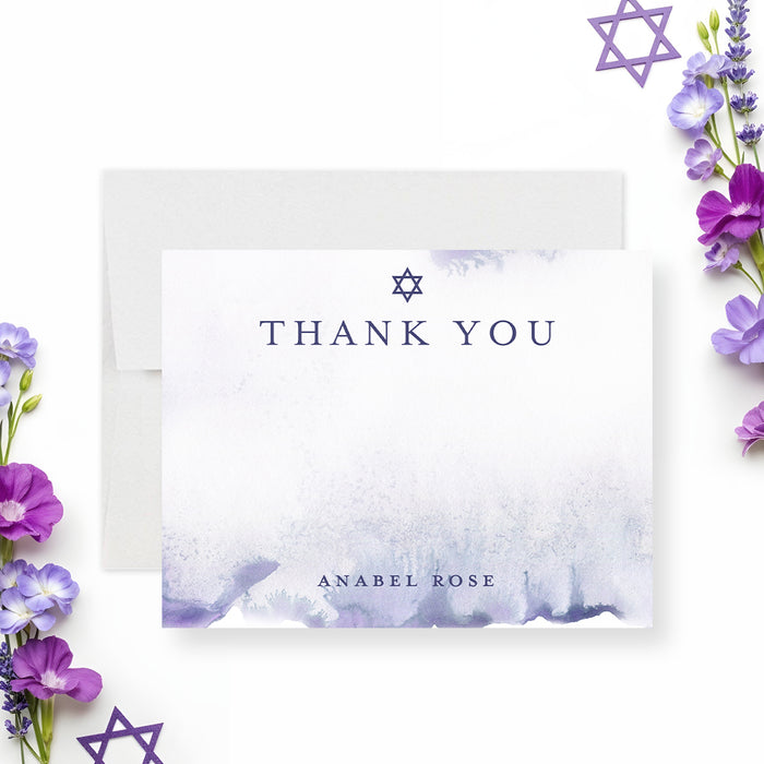 Bat Mitzvah thank you cards purple watercolor elegant set with Jewish design and soft colors-front
