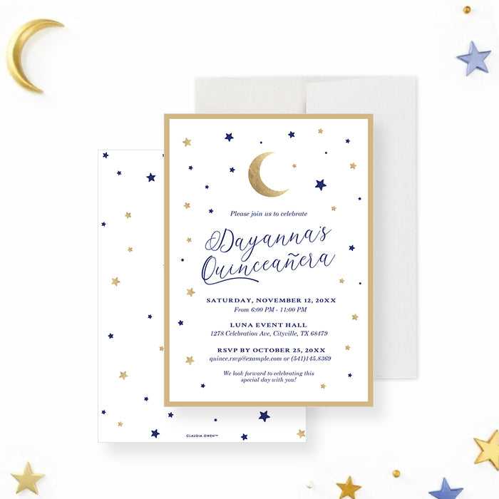 Celestial quinceañera invitation featuring moon and stars illustration, making it the perfect choice for a magical starry night celebration.-front-back