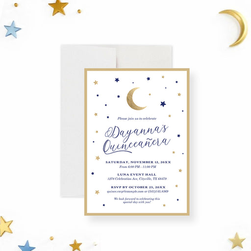 Celestial quinceañera invitation featuring moon and stars illustration, making it the perfect choice for a magical starry night celebration.-front