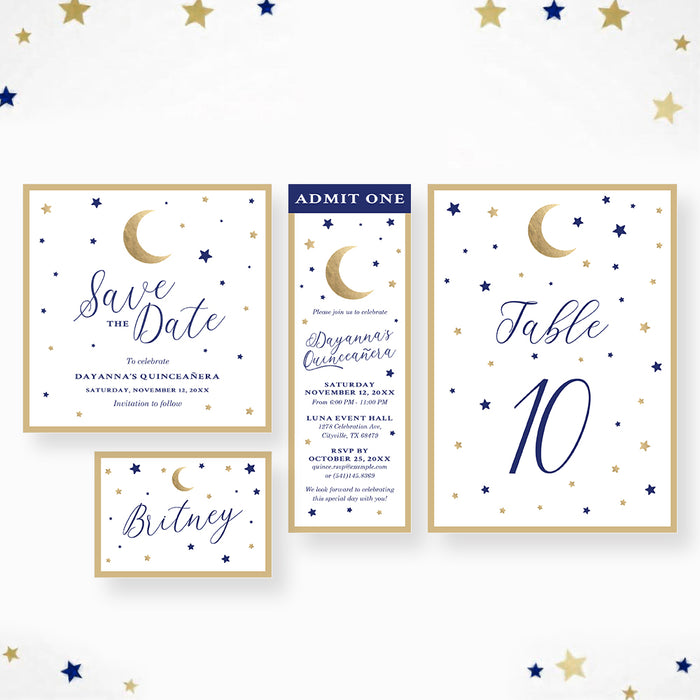 Celestial Quinceanera Invitation Moon and Stars Design