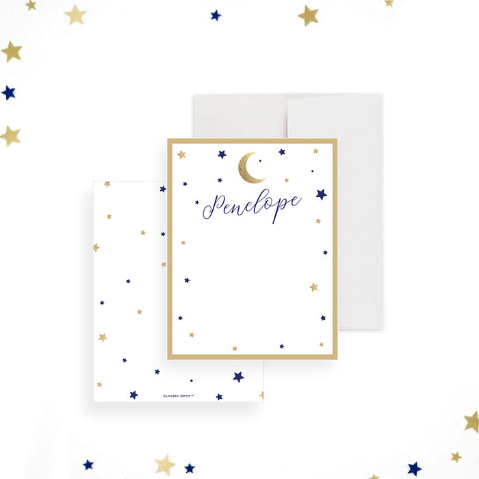 Personalized thank you card featuring a crescent moon, navy and gold stars, perfect for starry or celestial-themed events. -front-back