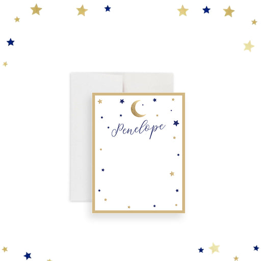 Personalized thank you card featuring a crescent moon, navy and gold stars, perfect for starry or celestial-themed events. -front