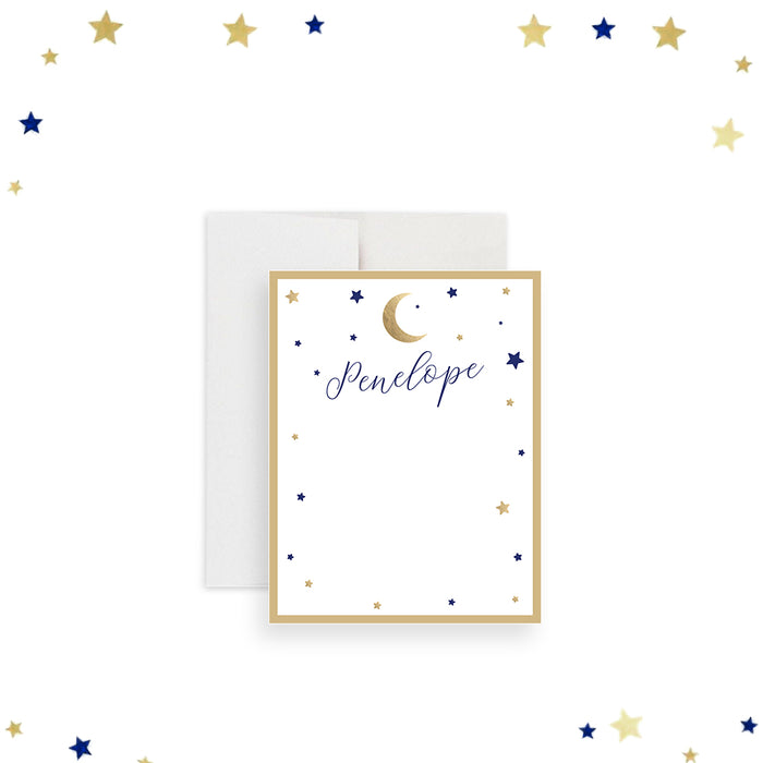 Personalized thank you card featuring a crescent moon, navy and gold stars, perfect for starry or celestial-themed events. -front