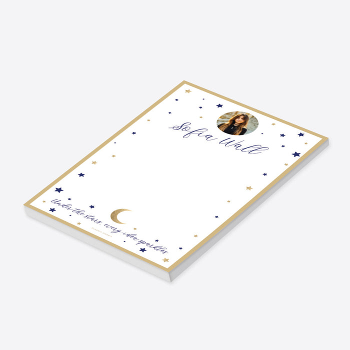 Personalized notepad featuring a photo with navy and gold stars, a crescent moon, and the phrase “Under the stars, every idea sparkles” design.-side
