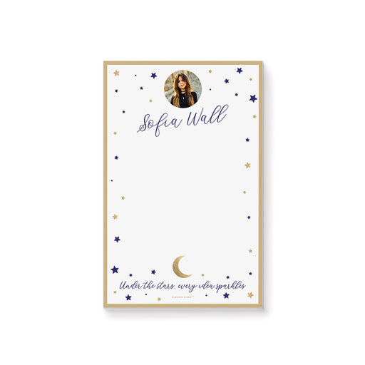 Personalized notepad featuring a photo with navy and gold stars, a crescent moon, and the phrase “Under the stars, every idea sparkles” design.