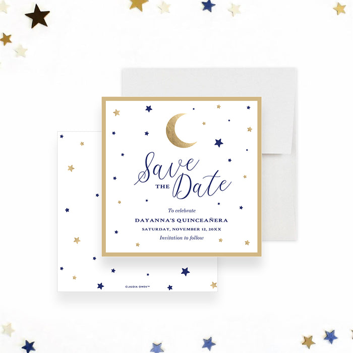 Navy and gold save the date card featuring a crescent moon and star design for an upcoming quinceañera celebration.-front-back