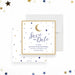 Navy and gold save the date card featuring a crescent moon and star design for an upcoming quinceañera celebration.-front-back