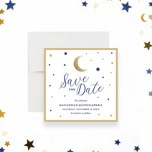 Navy and gold save the date card featuring a crescent moon and star design for an upcoming quinceañera celebration.-front