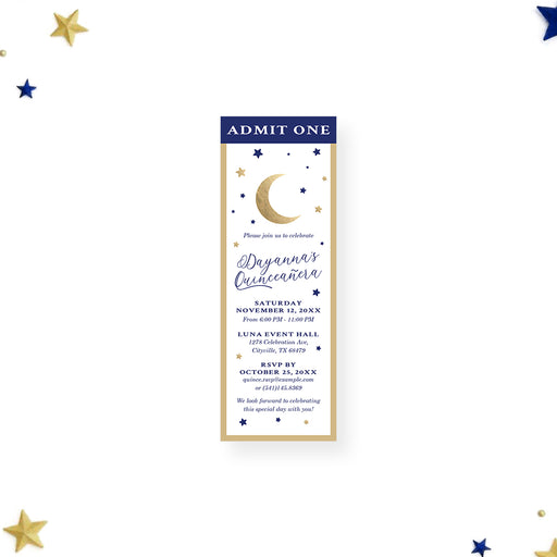 Quinceañera ticket invitation featuring a crescent moon, navy and gold stars, and an elegant party pass for starry celebrations. 