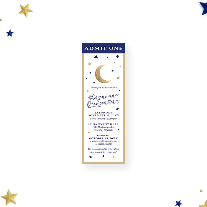 Quinceañera ticket invitation featuring a crescent moon, navy and gold stars, and an elegant party pass for starry celebrations. 