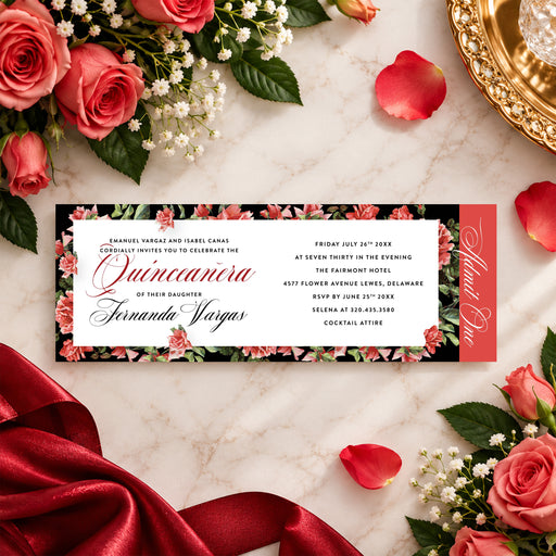 Elegant quinceanera ticket invitation with vintage red rose illustration on a black background for a Sweet 15 celebration.
