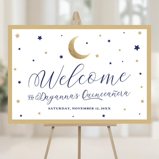 Celestial welcome sign featuring a crescent moon and navy and gold stars, perfect for a quinceañera entrance sign, venue decor, or photo backdrop.
