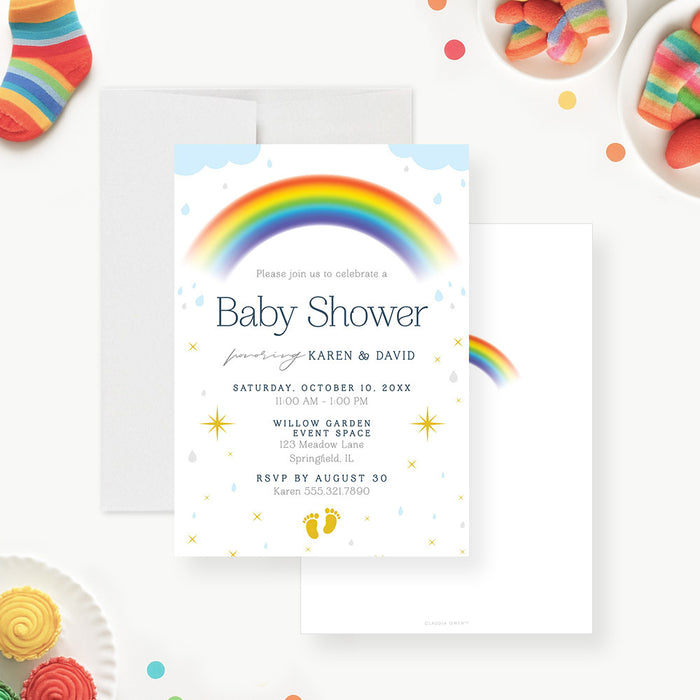 Rainbow baby shower invitation with colorful rainbow arch, pale blue clouds, raindrops, yellow stars, baby footprints and personalized event details-front-back