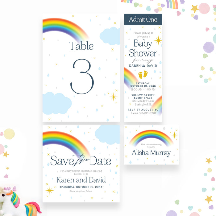 Colorful Rainbow Baby Shower Invitation with Clouds and Raindrops
