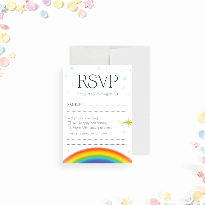 Colorful Rainbow Baby Shower Invitation with Clouds and Raindrops