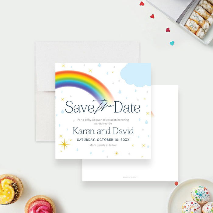 Rainbow baby shower save the date card with colorful rainbow arch, pale blue cloud, raindrops, yellow stars, parents-to-be names and event date-front-back