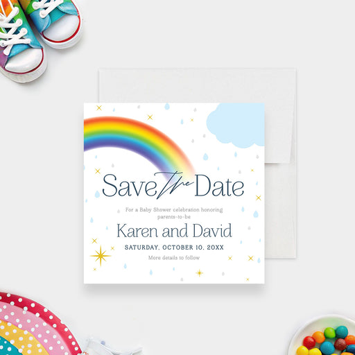 Rainbow baby shower save the date card with colorful rainbow arch, pale blue cloud, raindrops, yellow stars, parents-to-be names and event date-front