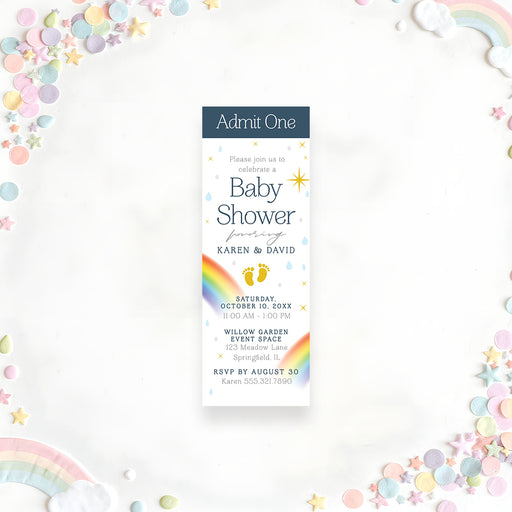 Baby shower ticket invitation with navy Admit One header, colorful rainbow, raindrops, yellow stars, baby footprints and personalized event details