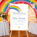 Baby shower welcome sign with colorful rainbow, blue and gray raindrops, yellow stars, baby footprints, parents’ names and event date