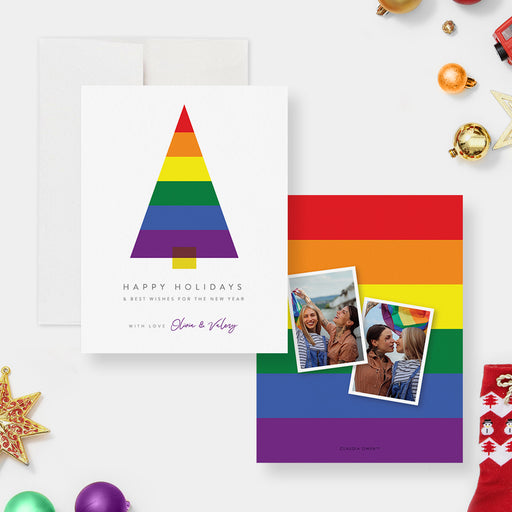 Rainbow Christmas card featuring a rainbow tree design and photo collage