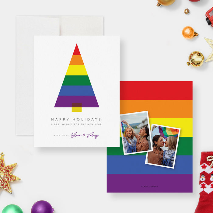 Rainbow Christmas card featuring a rainbow tree design and photo collage