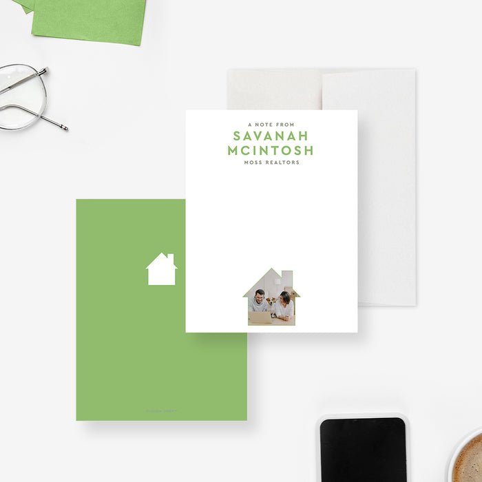 Real Estate Thank You Note Cards with Personalized Photo. Front and green back with a white house-shaped photo area shown with a white envelope.