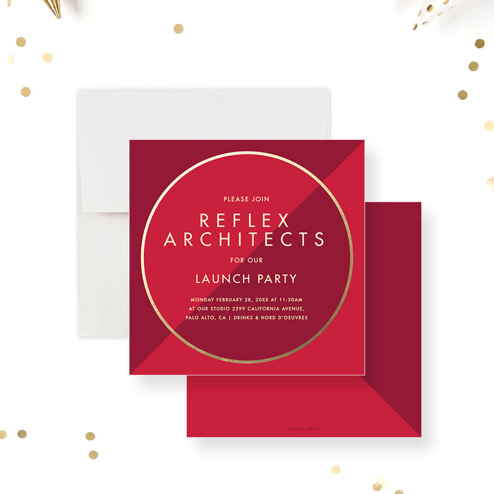 Red and gold business launch invitation, personalized grand opening and corporate event card.-front-back