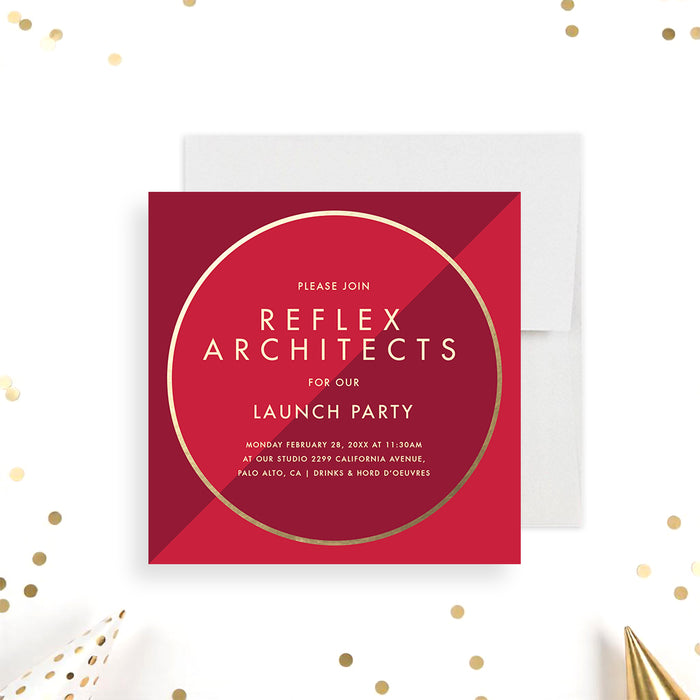Red and gold business launch invitation, personalized grand opening and corporate event card.-front