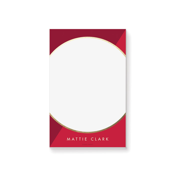Red and gold personalized notepad featuring space for a custom name or message, ideal as elegant stationery for business events, gifts, or office use.