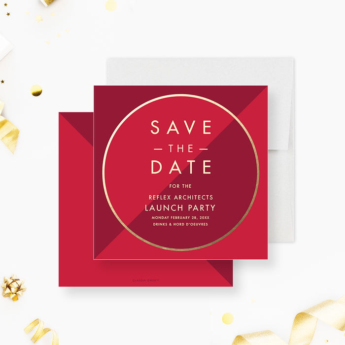 Save the date card with a circular gold frame on a red background for a business launch or grand opening celebration.-front-back
