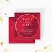 Save the date card with a circular gold frame on a red background for a business launch or grand opening celebration.-front-back