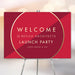 Elegant red and gold business welcome sign with personalized company event details.