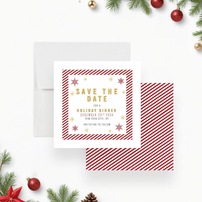 Festive Save the Date Card for Holiday Dinner, Christmas Save the Date with Red Stripes and Snowflakes