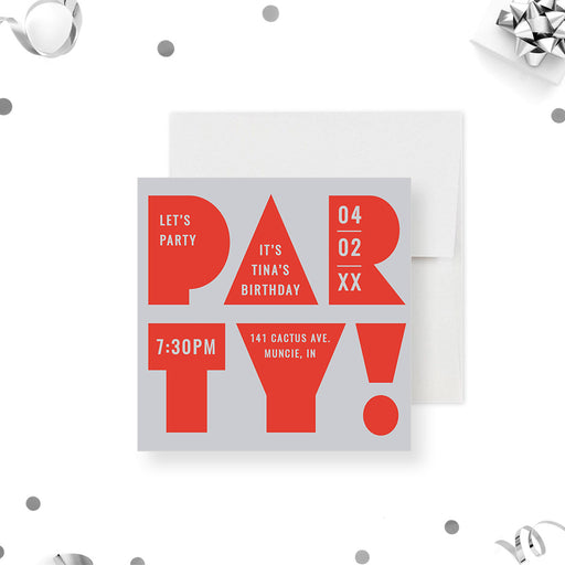 Square birthday invitation with oversized red Party lettering and event details on a gray background.