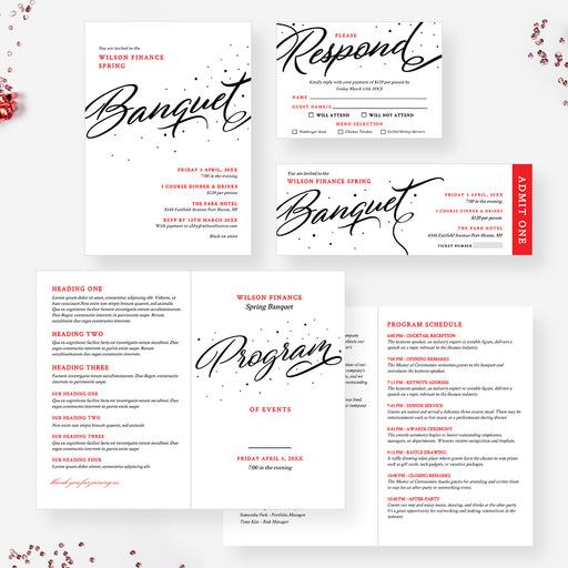 Red, black and white banquet invitation template set with RSVP card, ticket and folded program