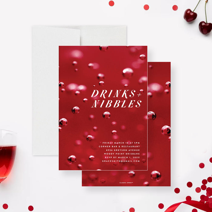 red cocktail party invitation with Drinks and Nibbles wording, bubbly drink-inspired background, and personalized event details-front-back