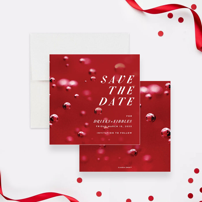 red cocktail party save the date card with elegant typography and drinks and nibbles theme-front-back