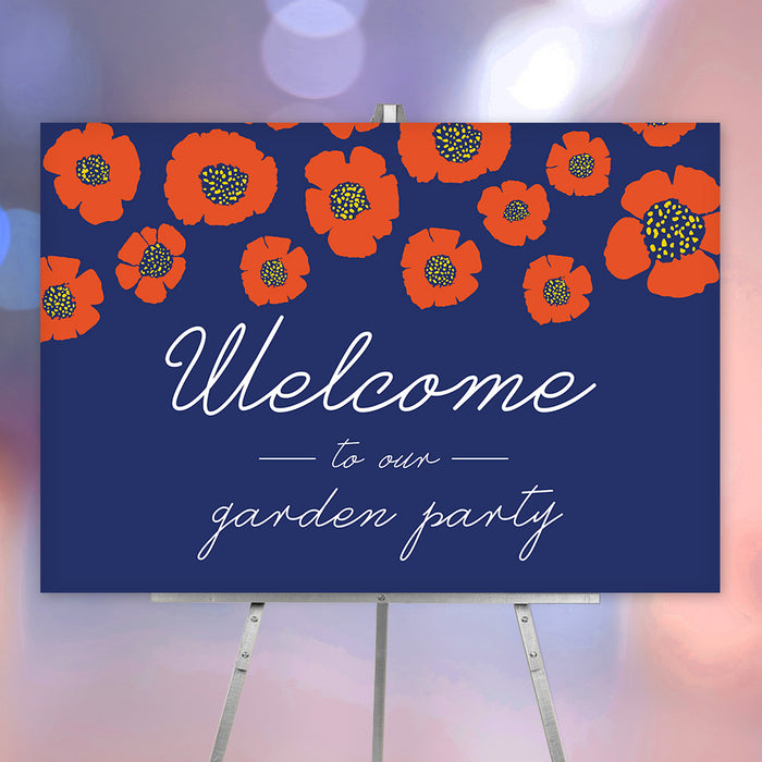 Floral garden party welcome sign with red flower illustration