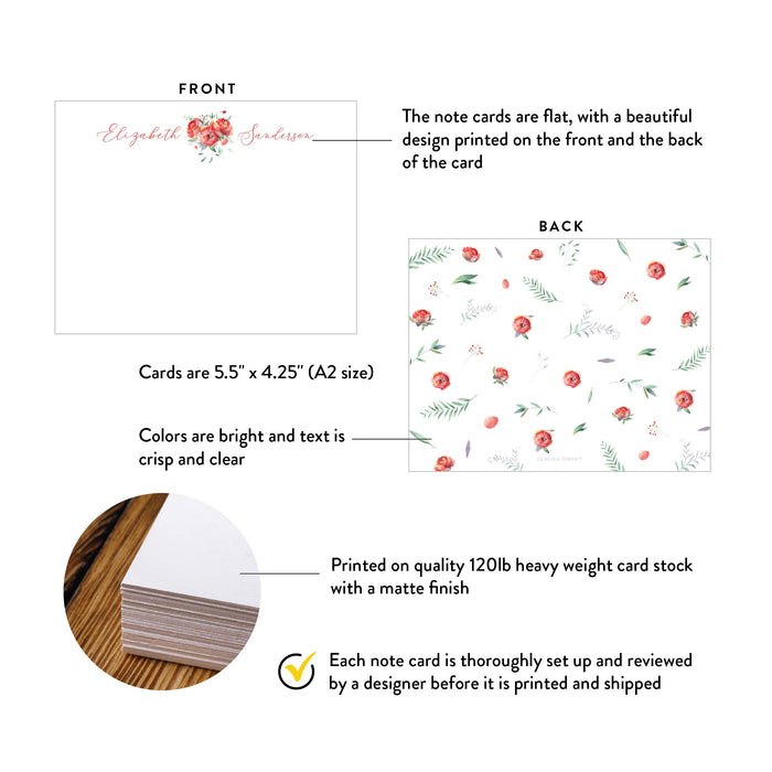 A2 note card specifications: 5.5 × 4.25 inches, double-sided printing and heavyweight 120 lb matte cardstock.