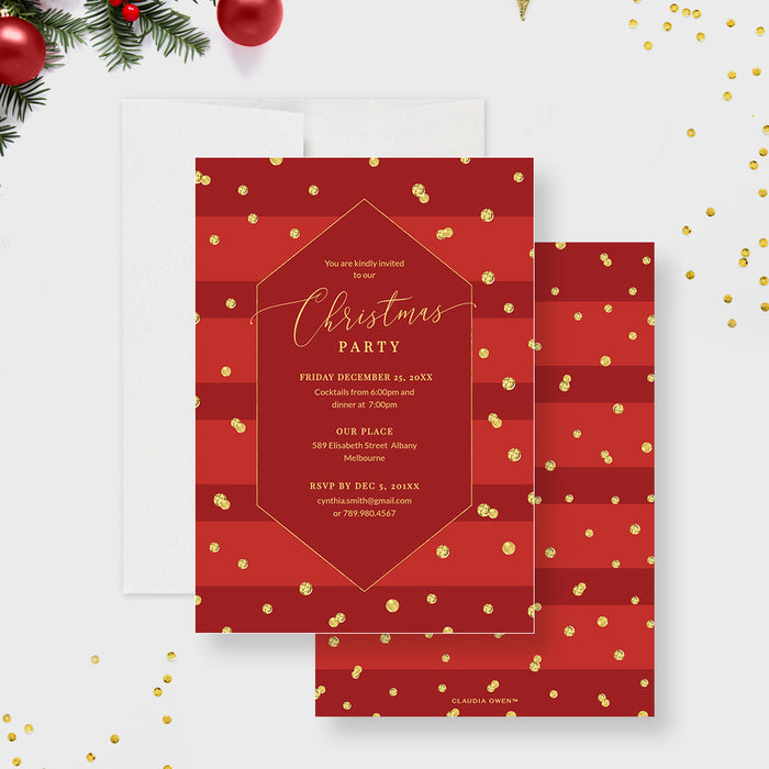 Elegant red and gold Christmas party invitation featuring modern striped background, gold confetti accents, and elegant calligraphy typography.