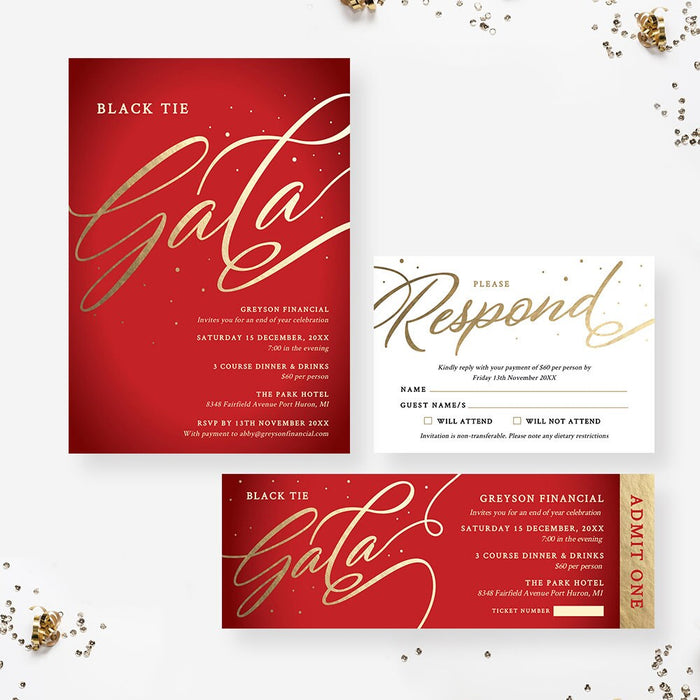 Red and gold gala invitation, RSVP card and ticket template set with gold script lettering
