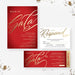 Red and gold gala invitation, RSVP card and ticket template set with gold script lettering