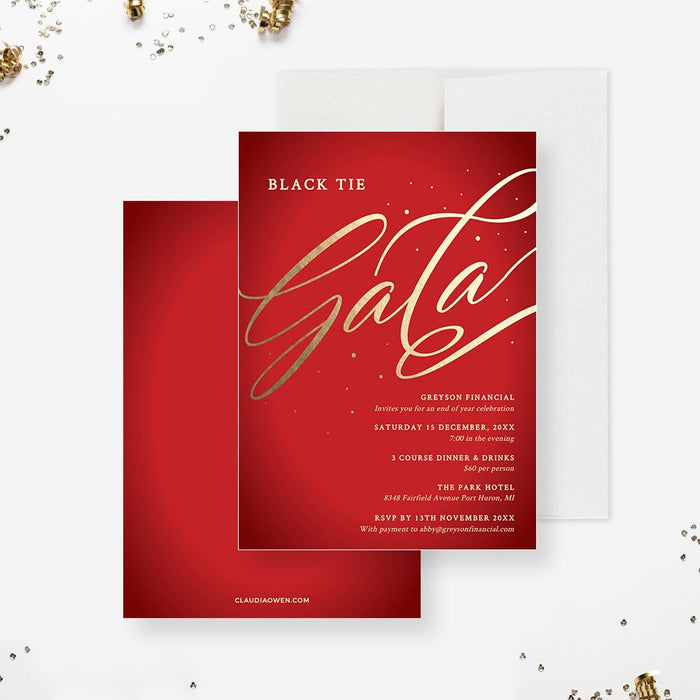 Red and gold gala invitation template set with gold script lettering