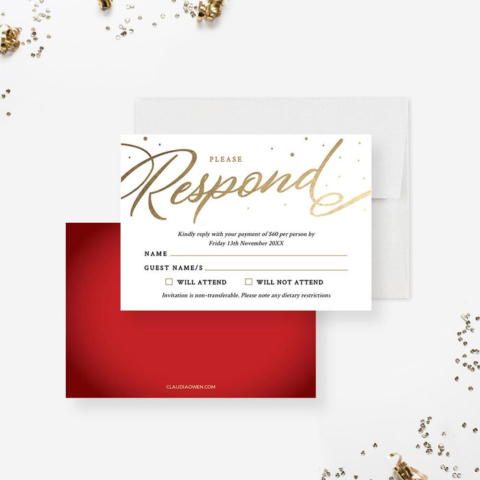 Red and gold gala RSVP card template set with gold script lettering
