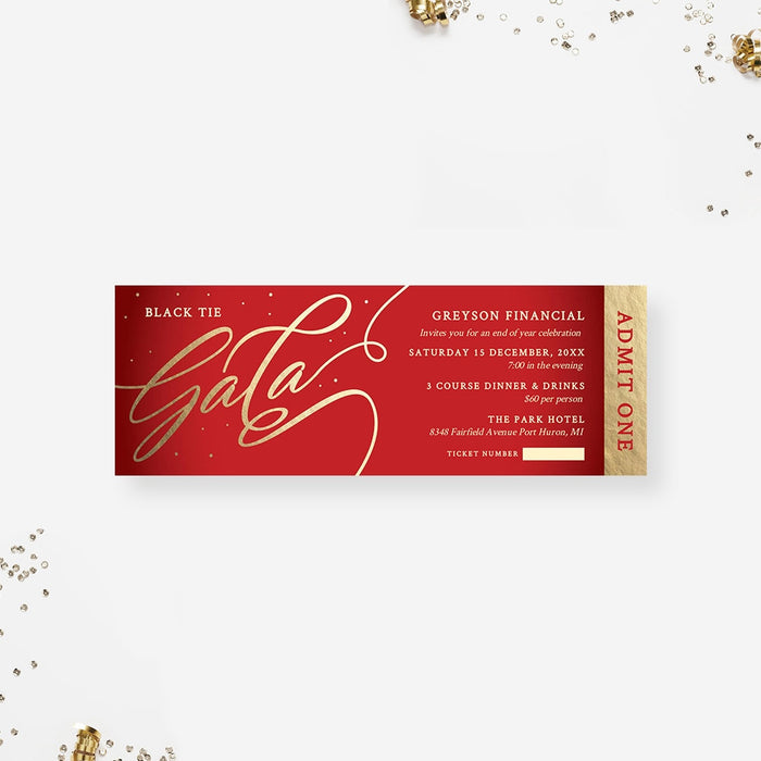 Red and gold gala ticket template set with gold script lettering